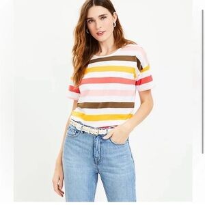 Loft pink white brown yellow red striped crewneck short sleeve shirt size M
 b8